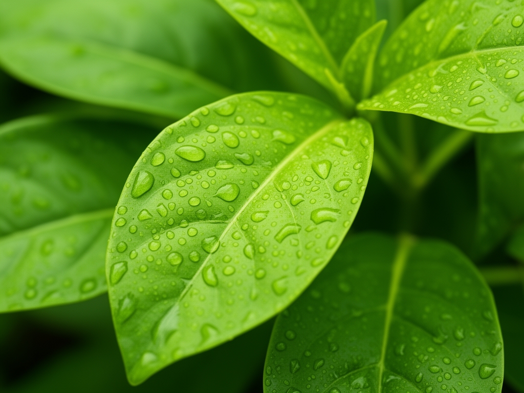 Gros plan de feuilles vertes fraîches recouvertes de gouttes d'eau brillantes, texture végétale détaillée et lumière naturelle froide