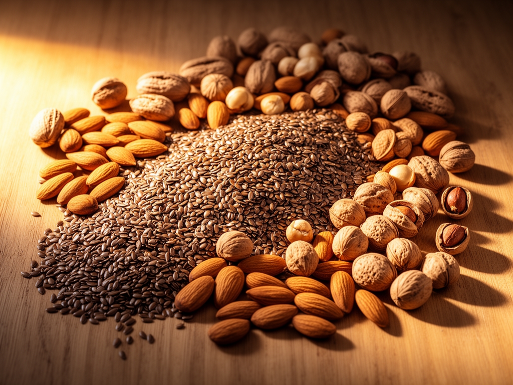 Surface de bois naturel avec disposition artistique de noix, graines de lin, amandes et noisettes, lumière chaude latérale accentuant les textures et couleurs naturelles