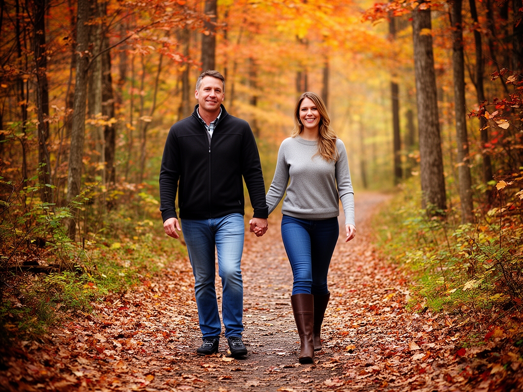 Couple marchant sur un sentier forestier automnal entouré d'arbres aux feuilles orangées et dorées, lumière du soleil filtrant entre les branches hautes