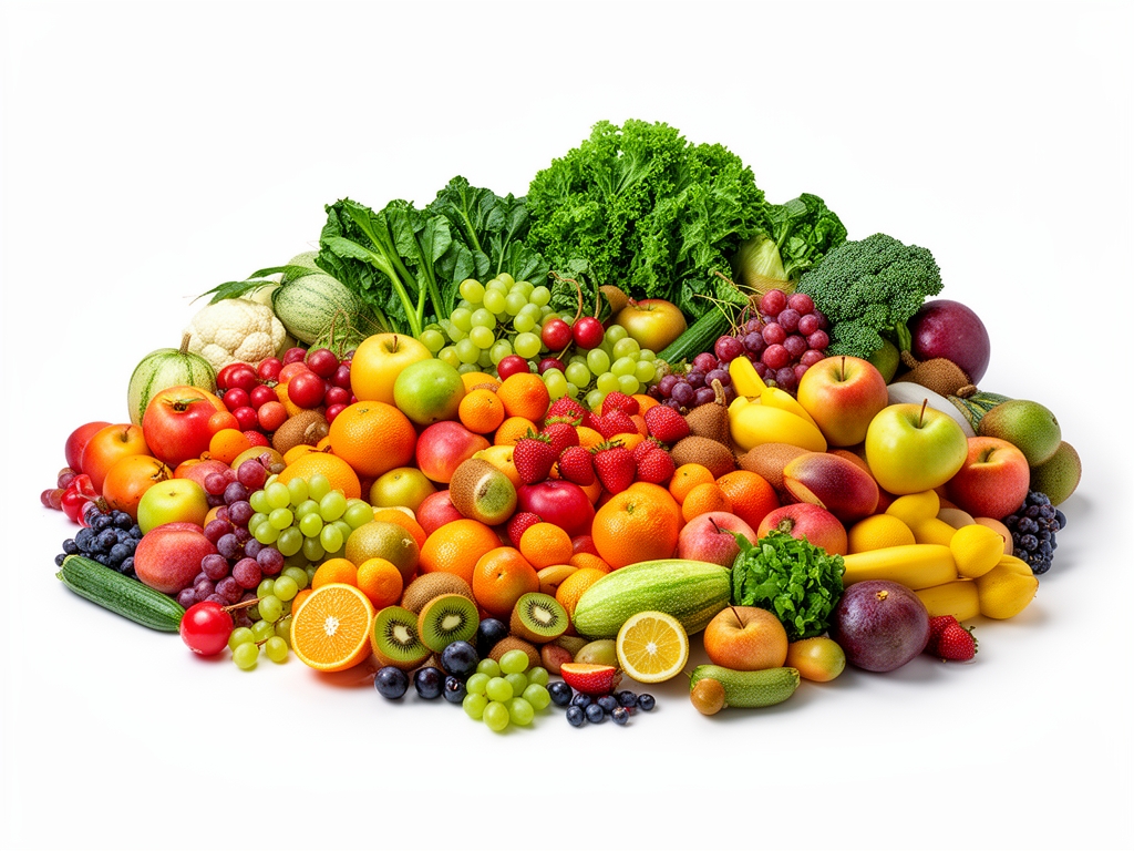 Assortiment de fruits et légumes colorés disposés artistiquement sur fond blanc, représentation visuelle de la diversité nutritionnelle naturelle